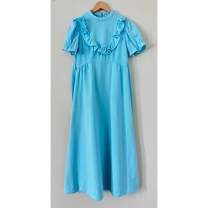 Vintage 1960s 1970s Turquoise Princess Maxi Dress Empire Waist Ruffle Blue